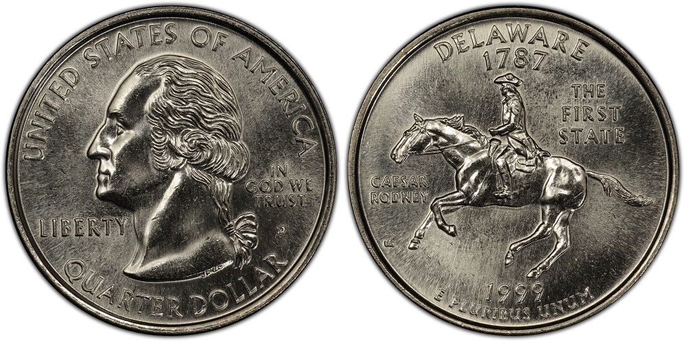 1999-P Delaware State Quarter obverse and reverse showing George Washington and Caesar Rodney on horseback