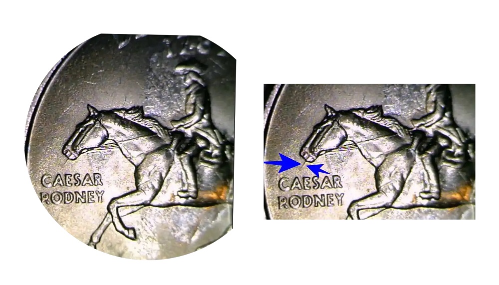 Side-by-side comparison of normal 1999-P Delaware quarter vs Spitting Horse die crack variety
