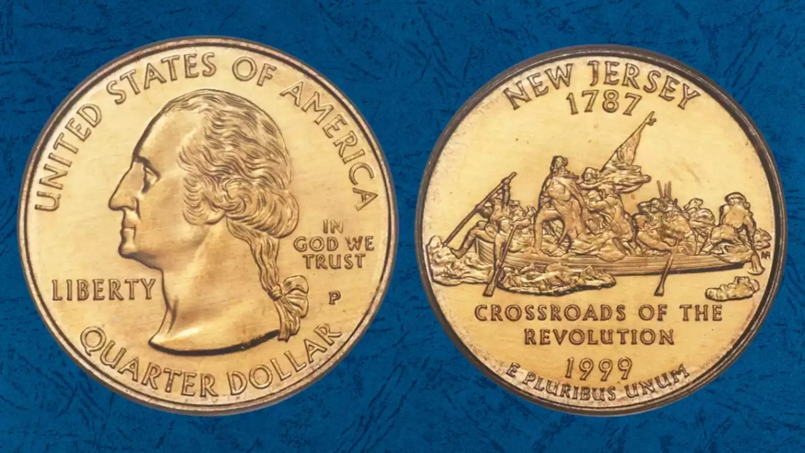 1999-P State Quarter struck on experimental golden manganese alloy planchet showing brassy color compared to standard clad quarter