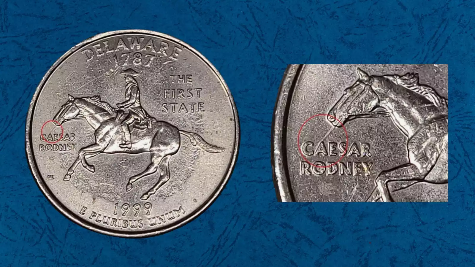 1999-P Delaware Spitting Horse quarter close-up showing raised die crack running from horse's mouth toward Caesar lettering