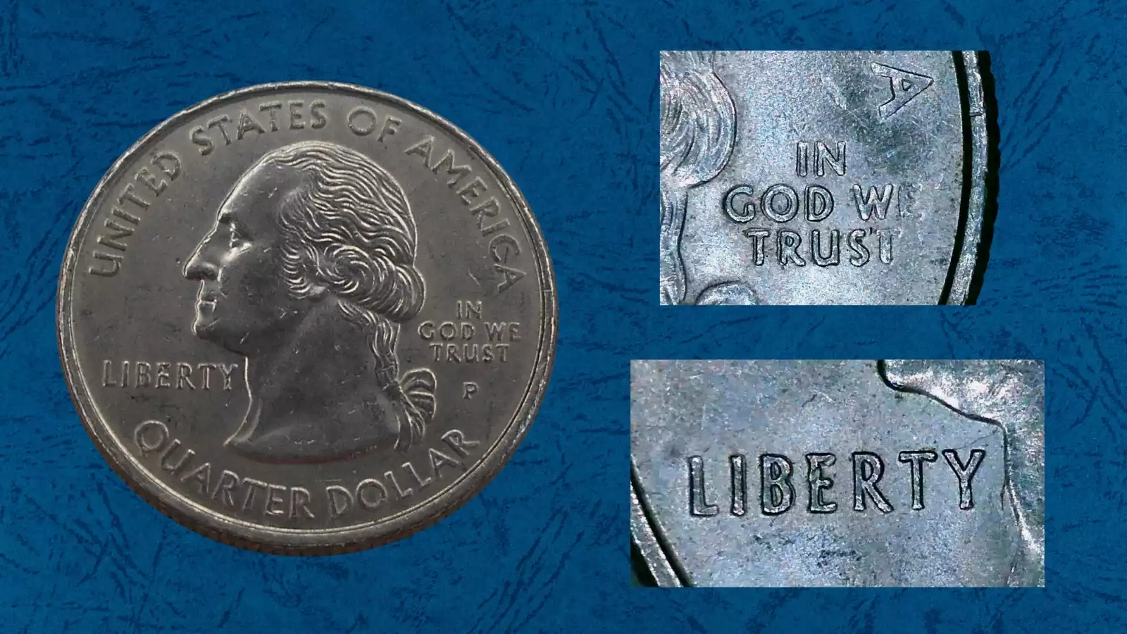 1999 State Quarter doubled die obverse error showing doubled lettering in LIBERTY and IN GOD WE TRUST under magnification