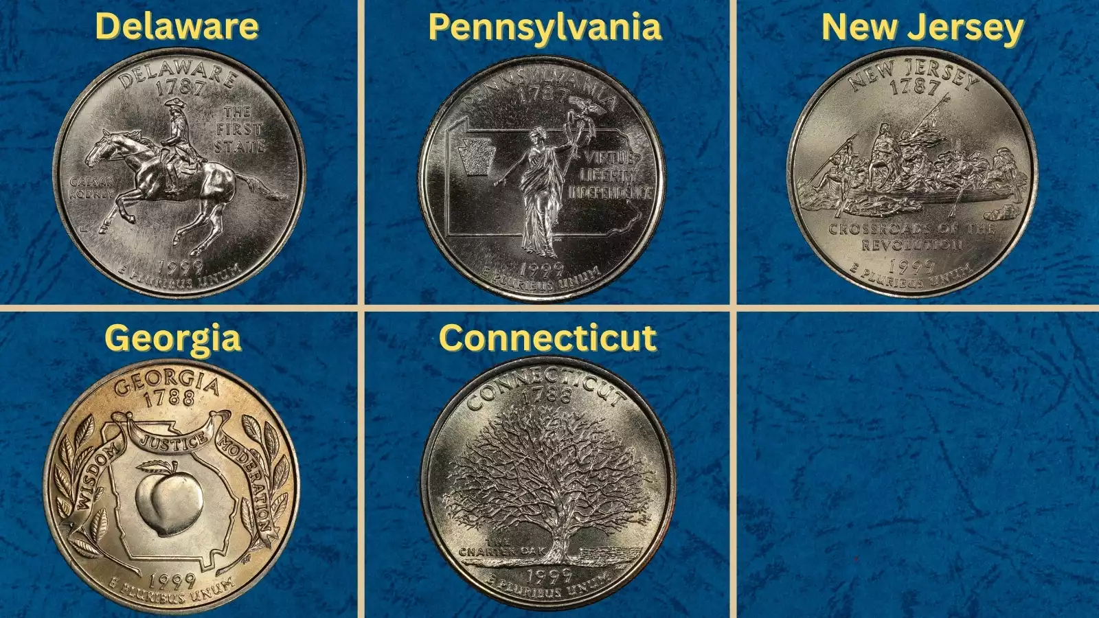 All five 1999 State Quarters arranged showing Delaware, Pennsylvania, New Jersey, Georgia, and Connecticut designs