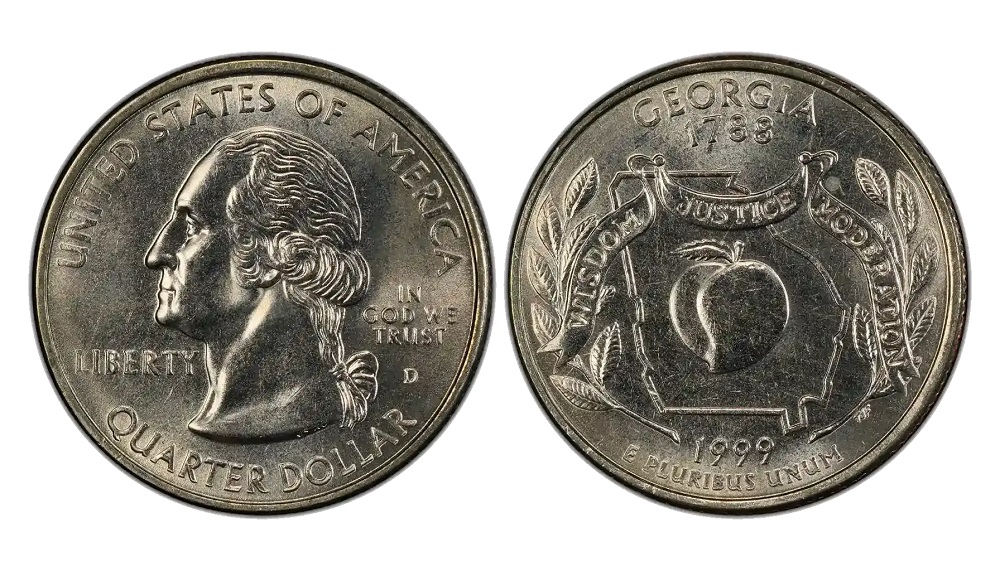 1999 State Quarter grading strip showing four condition tiers from worn circulated to gem MS-67 uncirculated with grade labels